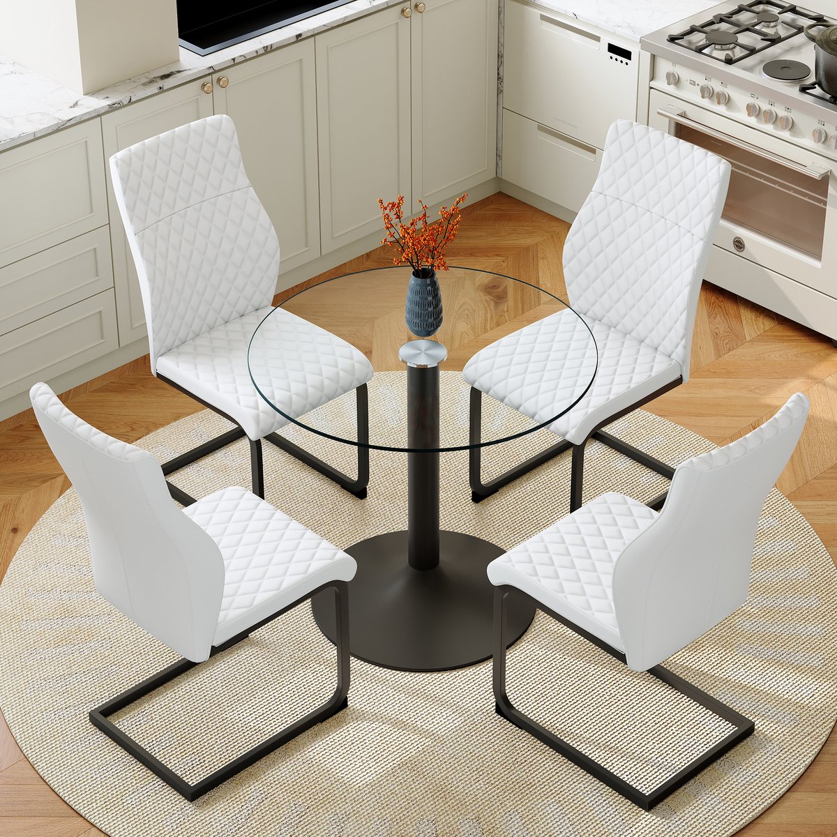 STILVORA Ronde Glazen Eettafel Set 85 Cm Met 4 Stoelen Hoog Rugleuning Diamantstiksel Voor Kleine Eetruimtes Metaal Wit