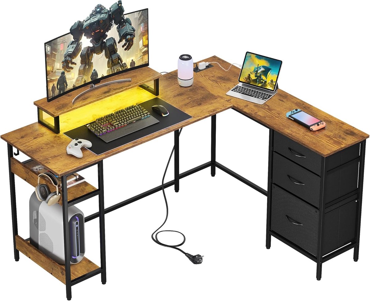 L-vormig hoekbureau, 142×118 cm, met lades, stopcontact en USB-aansluiting, ruim computerbureau met opbergruimte, geschikt voor thuiskantoor en slaapkamer, rustiek bruin