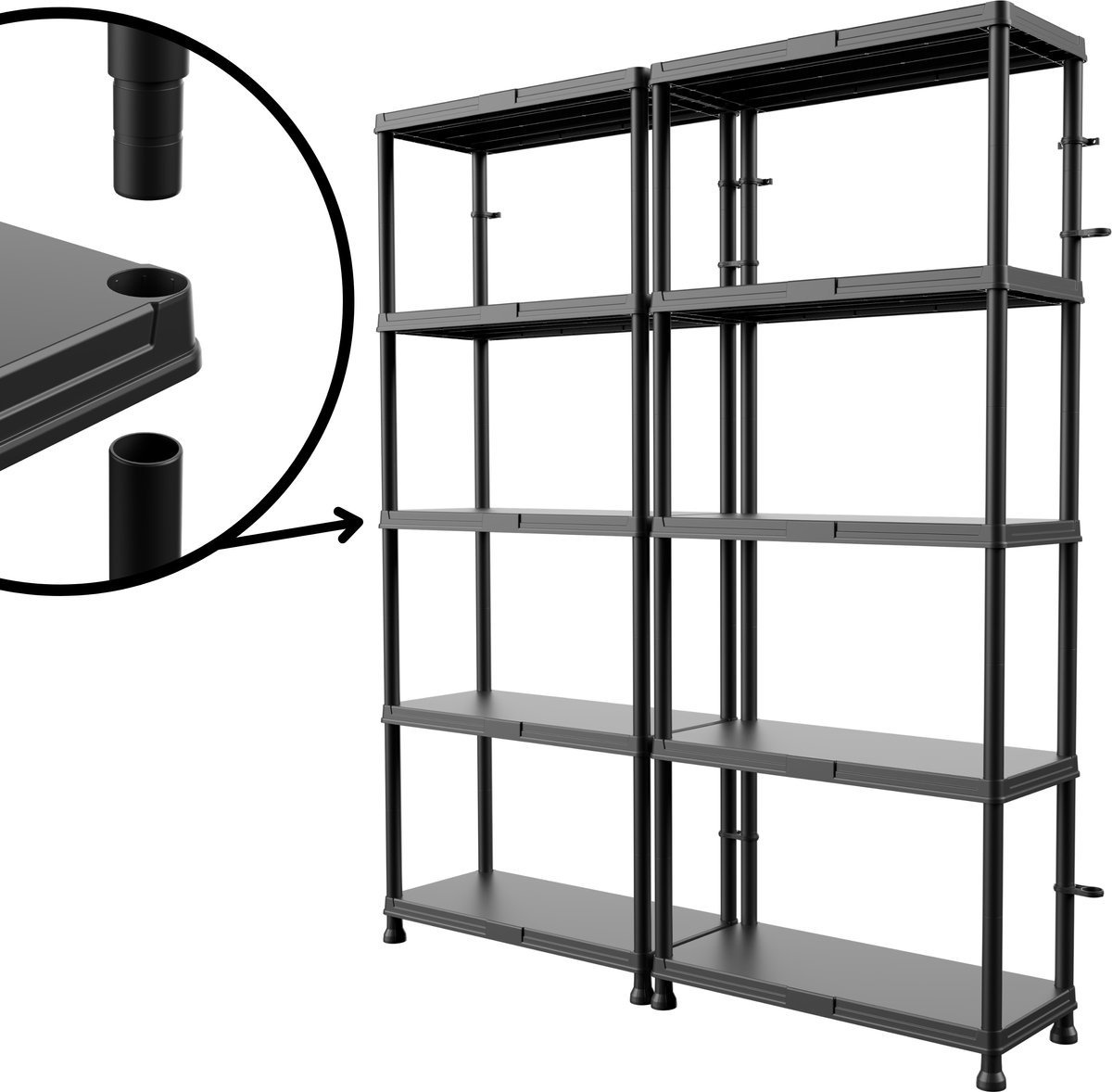 Qbrick Kunststof Stellingkasten 2 stuks – 5 Planken – 74x32x175 cm – Kunststof Opbergkasten met Wandbevestiging - Lichtgewicht Opslagrek
