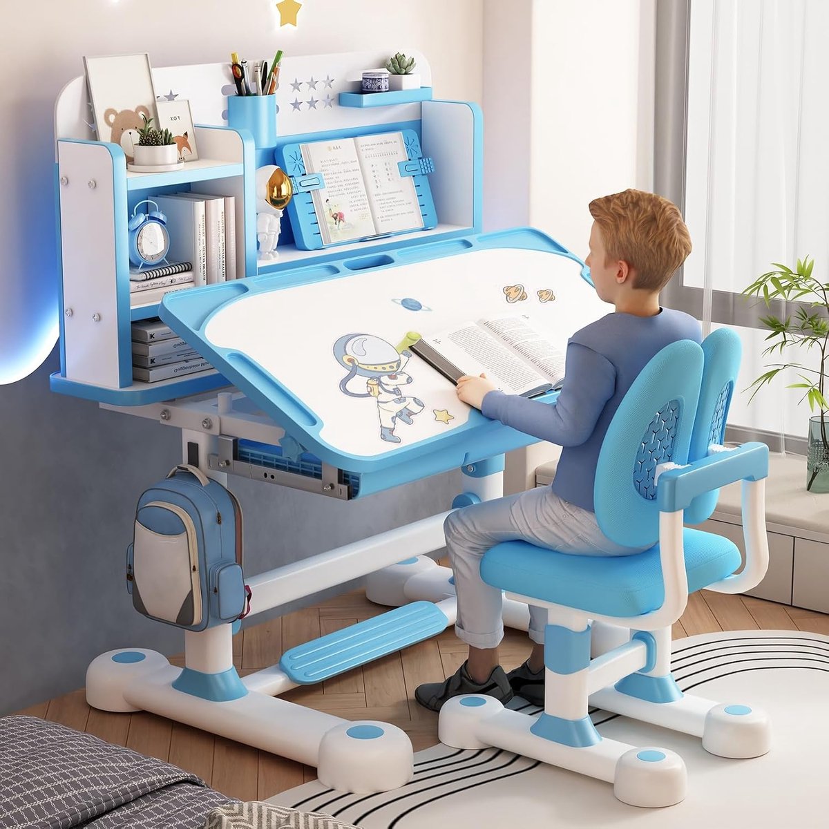 Bureau en stoel - Kinderset studie - Leren en lezen - In hoogte verstelbaar - 80 cm breed - Blauw