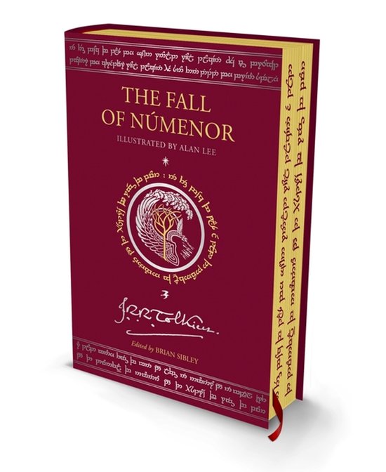 Boek: The Fall of Númenor, geïllustreerd door Alan Lee. Rode kaft met gouden tekst en illustraties in elfenalfabet.