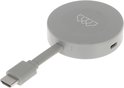 Grijze ronde dongle met wit huislogo en HDMI-kabel.