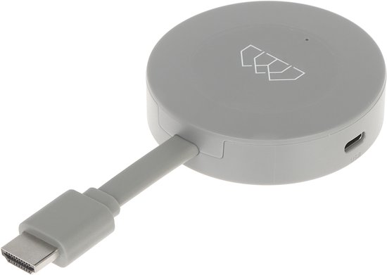 Grijze ronde dongle met wit huislogo en HDMI-kabel.