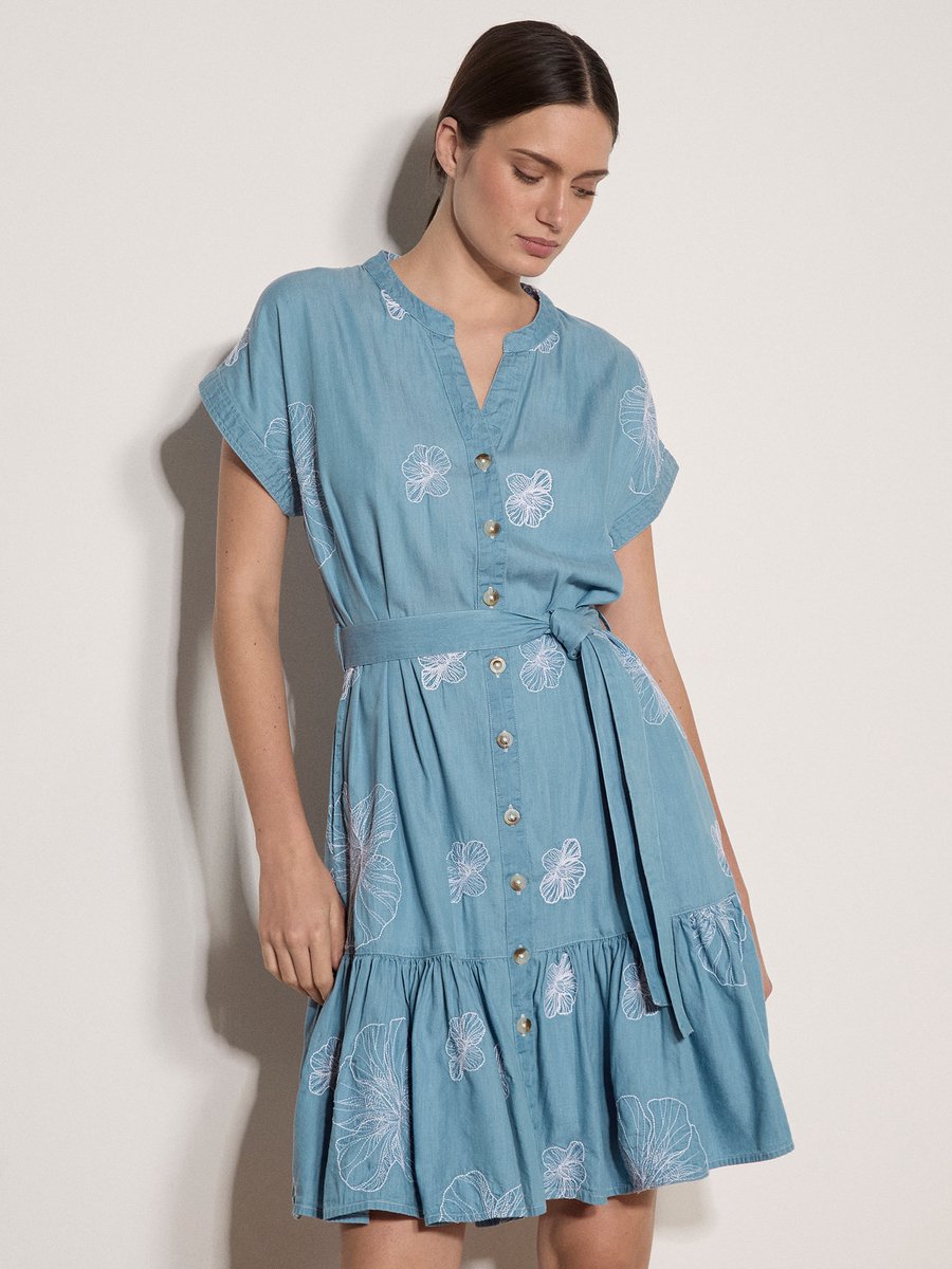 Denim shift-minijurk met gehaakte details