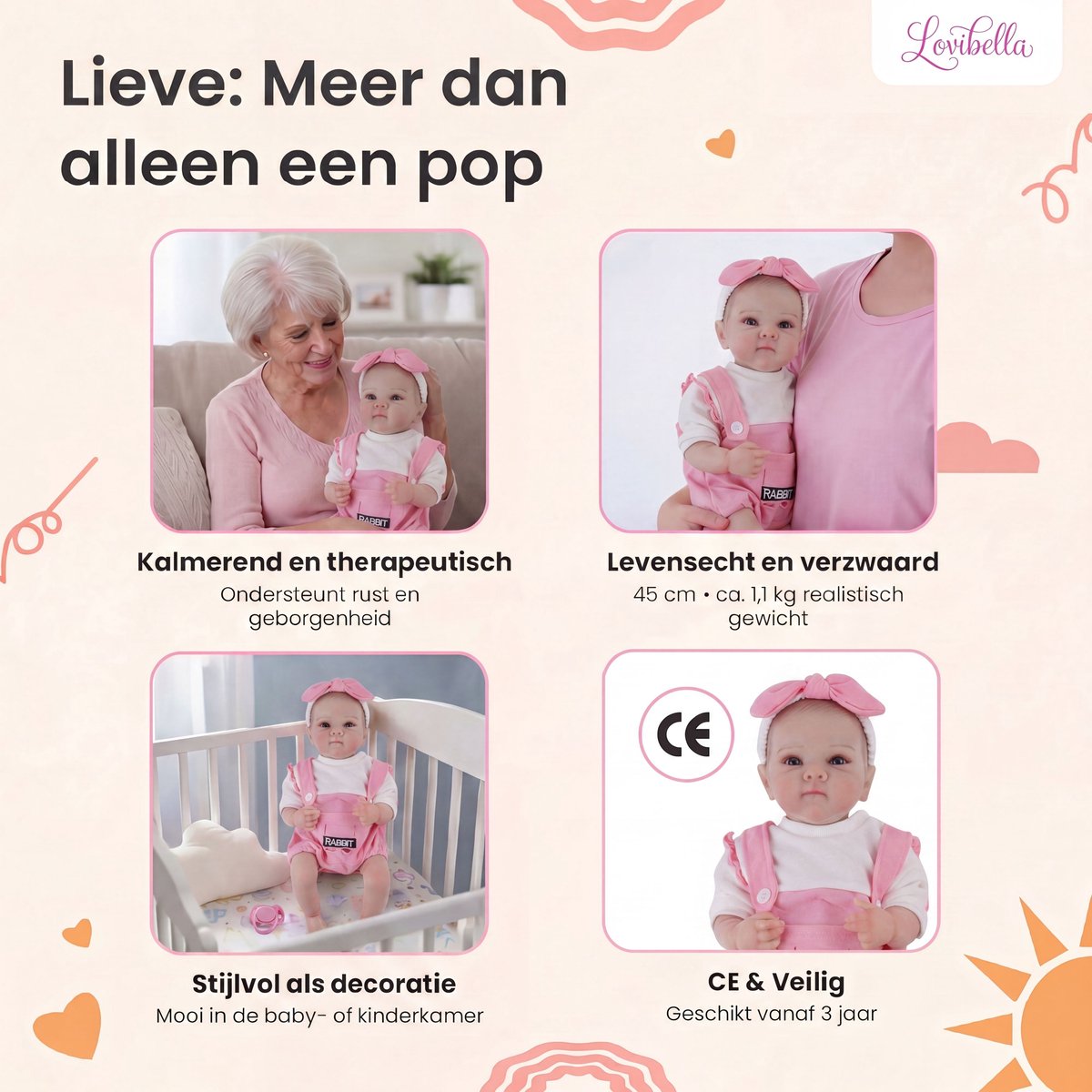 Lovibella® Lieve Levensechte Babypoppen - 1,1 Kilo - 45 CM - Reborn Baby Pop - met Accessoires - Reborn Baby - Reborn Baby Doll - Dementie Pop - Reborn Poppen Meisje - — afbeelding 2
