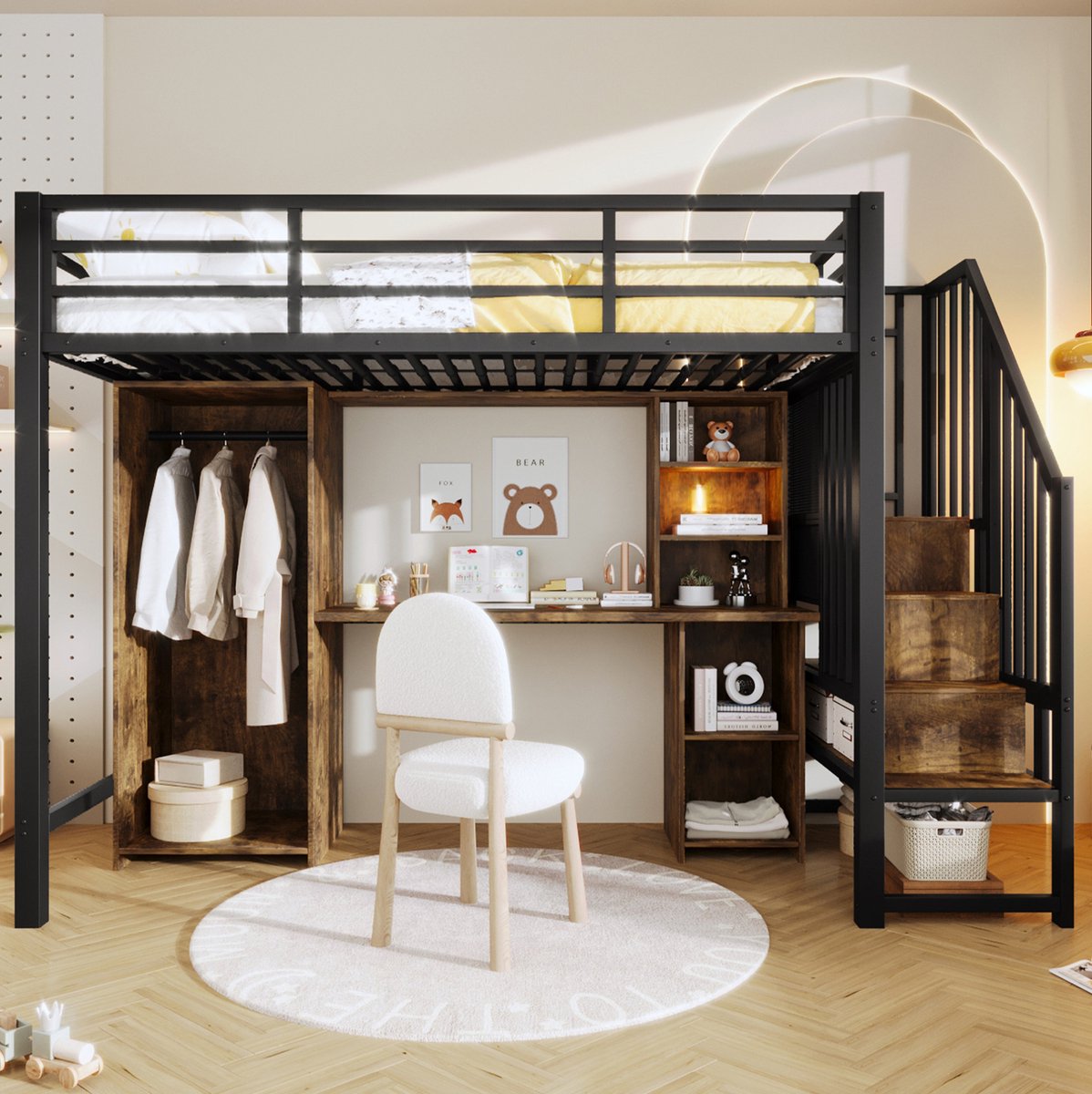 MEUNIQ hoogslaper 90 x 200 cm met bureau, kledingkast, opbergruimte en trap met opbergvakken, metalen bedframe met MDF, zwart