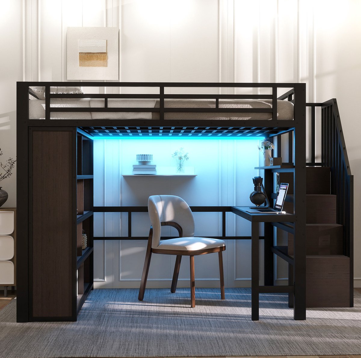 MEUNIQ hoogslaper 140 x 200 cm met bureau, opbergrekken, LED-lichtleiste en trap met opbergruimte, metaal en MDF, zwart