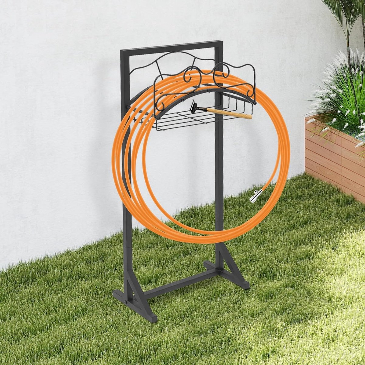 Tuinslanghouder Vrijstaand - Slangrek Tuin - Slang Opbergen - Roestbestendig IJzer - 38 x 18 x 86 cm - Zwart