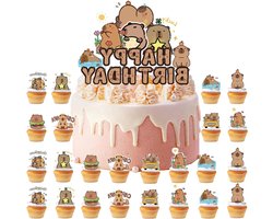 25-delige verjaardagstaartdecoratie met Happy Birthday cake topper en 24 cupcake toppers, schattige Capybara thema versiering voor kinderfeestjes en verjaardagsfeestjes