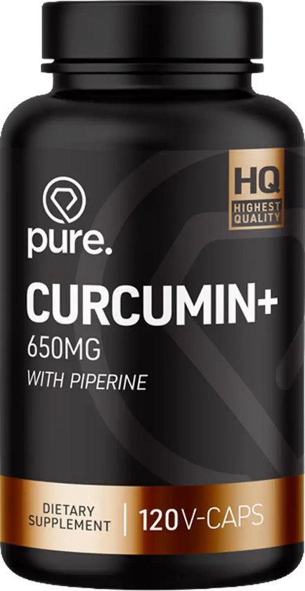 Zwarte pot met 'pure. CURCUMIN+ 650MG WITH PIPERINE DIETARY SUPPLEMENT 120V-CAPS' en 'HQ HIGHEST QUALITY'.