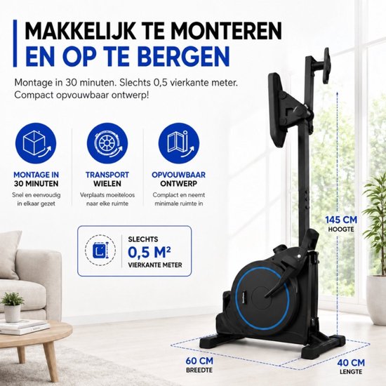 Zwarte, opvouwbare roeitrainer in een compacte, rechtopstaande positie. Afmetingen: 60cm breed, 40cm diep, 145cm hoog.
