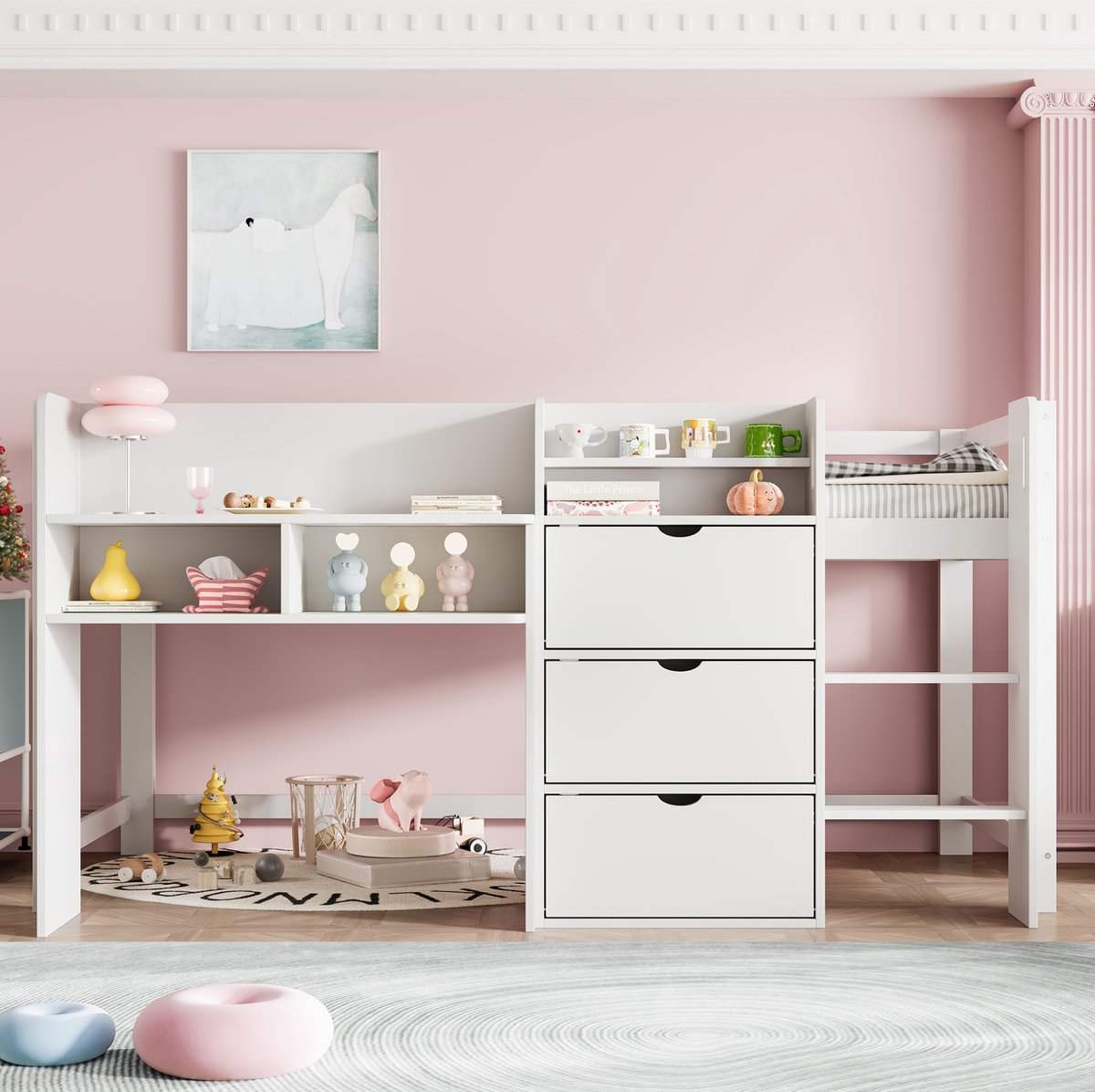 MEUNIQ halfhoogslaper 90x200 cm in huisvorm met opbergruimte, open vakken, 3 gesloten vakken, ladder en uitvalbeveiliging voor kinderkamer, wit White