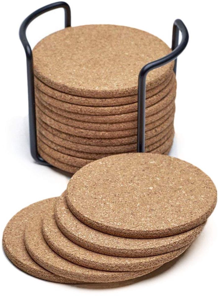 carmdering - Kurk Onderzetters - Drankenonderzetters - Bierglaasjes - 16 stuks, 10cm, dik 5mm, superabsorberend, met metalen houder - Voor kopjes & glazen - Cadeau voor housewarming