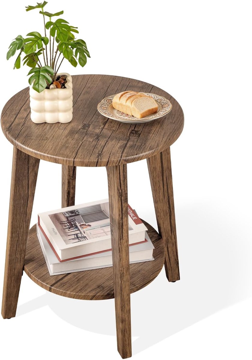 Famanu Ronde bijzettafel met 2 lagen, houten bijzettafel met opbergruimte, modern design voor kleine ruimtes in woonkamer en slaapkamer Bruin