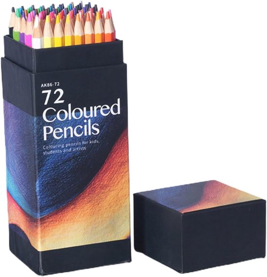 Doos met 72 gekleurde potloden in een regenboog van kleuren, met de tekst '72 Coloured Pencils'.