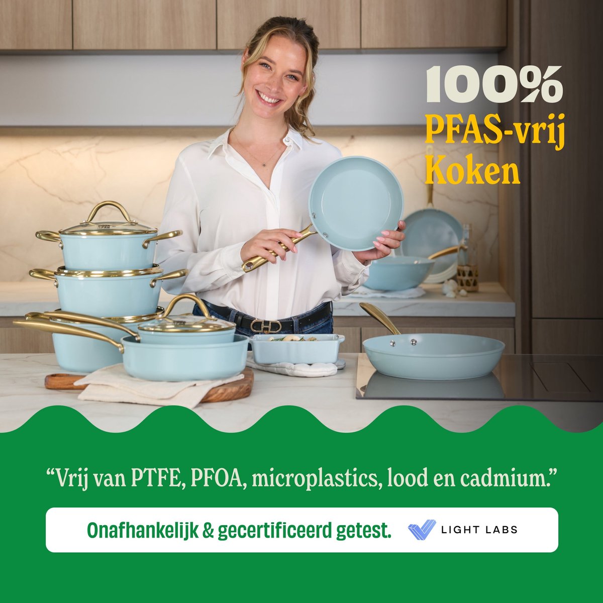 Cook & Pan Ocean Blue Pannenset 9-delig PFAS vrij - Blauw met Gouden Handgrepen - Alle Warmtebronnen - Krasbestendige Anti Aanbaklaag - Vaatwasserbestendig - Gas, Inductie, Elektrisch, Oven - Pannen set - Koekenpan Wokpan Steelpan Hapjespan Kookpot – foto 7