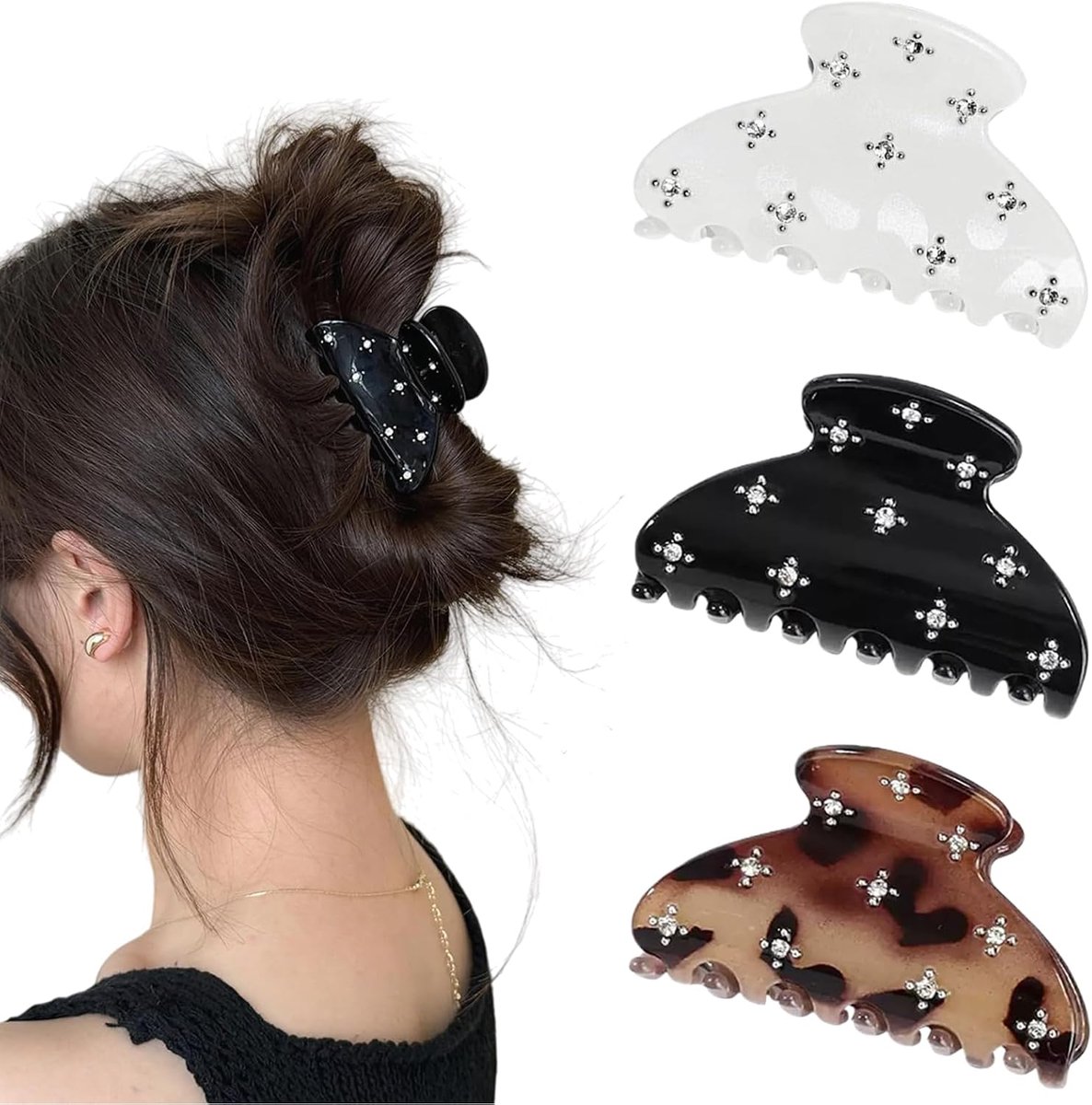 Strass Haarspangen Damen 3 Stukken Flinkende Haarklammer Vaste Houd Vaste Haarklammer Acryl Haarspangen Voor Dikke Dunne Haar Zwart Wit En