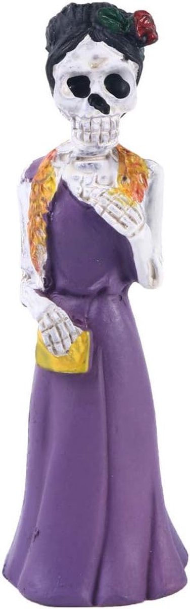 Beeldje van kunsthars, motief: dame met doodskop, violet