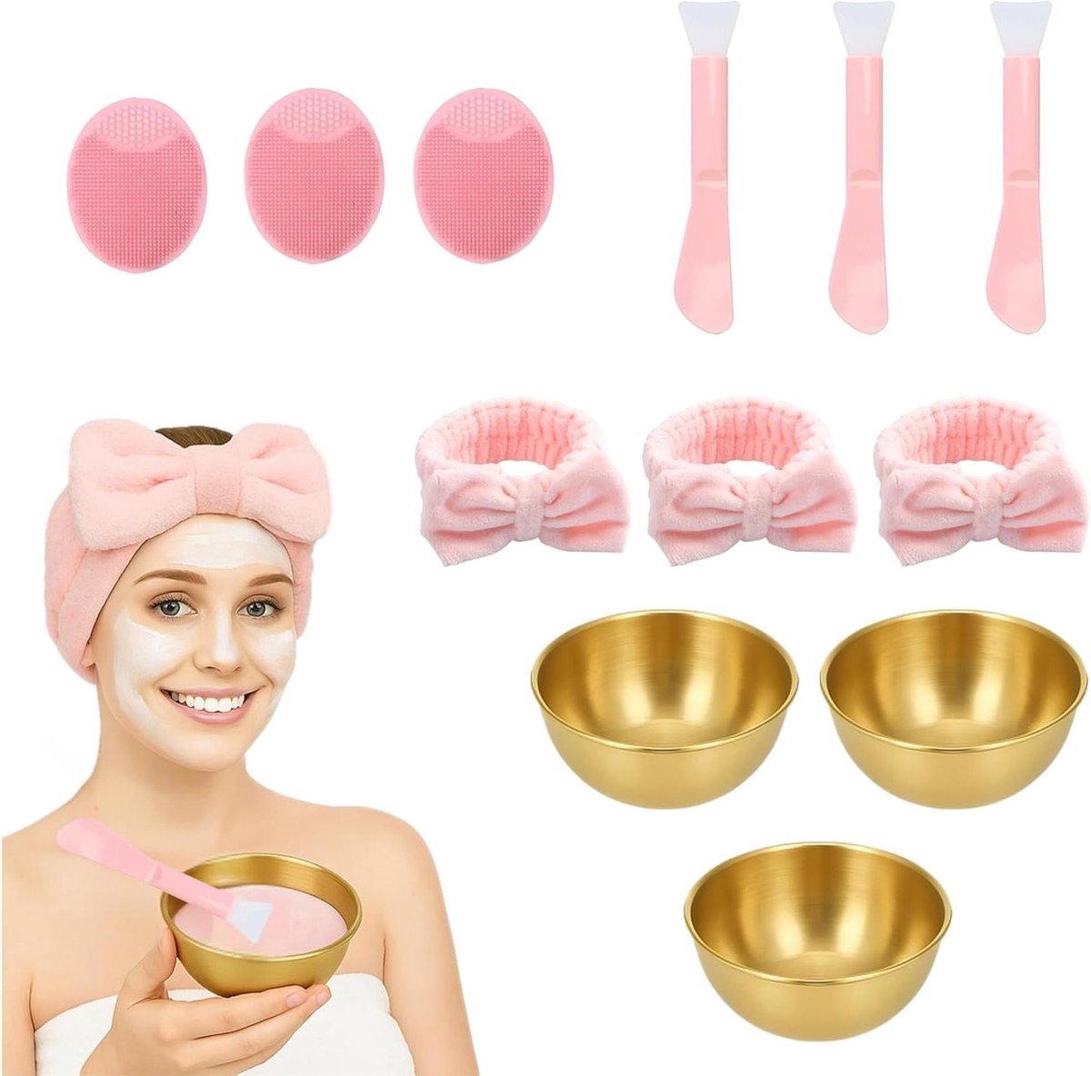 Gezichtsverzorgingsset - Beauty tools - Gezichtsmasker aanbrengen - Roestvrijstalen kommen - 12 stuks - Goud en roze