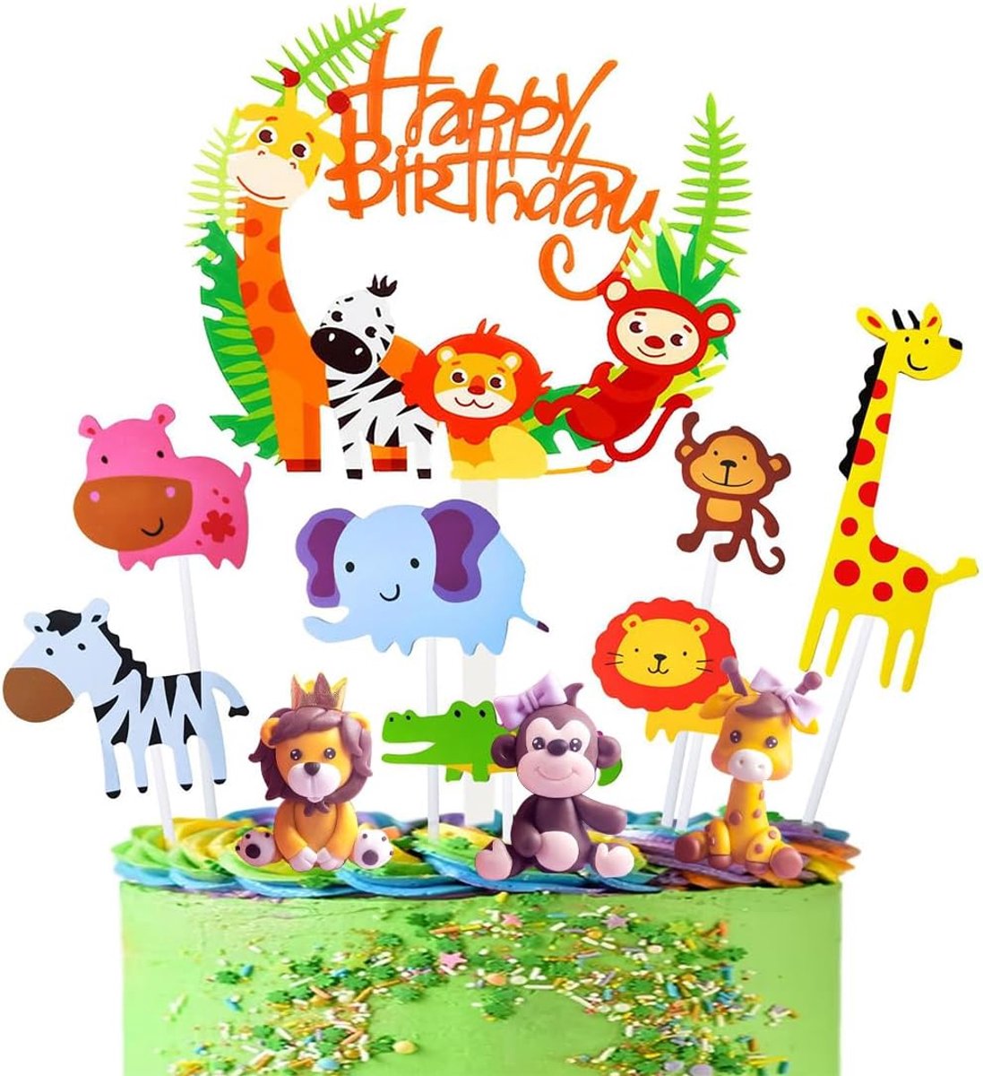 Taarttopper met jungledieren, 3D-taarttopper met dierenthema, 11-delige jungledecoratie voor kinderfeestjes