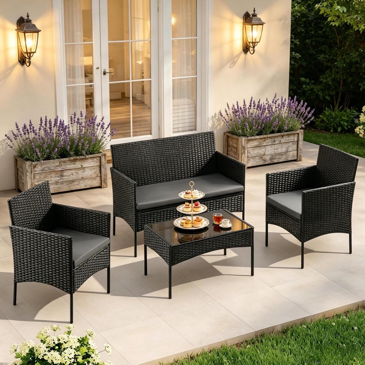 MIVRAY Loungeset 4 Persoons Met Tafel En Kussens Voor Tuin Terras En Balkon Van Polyrattan Metaal En Glas Zwart