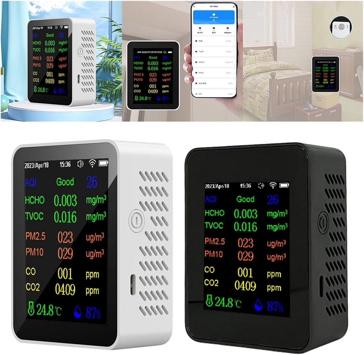 Luchtkwaliteitsmonitor - CO2 meter binnen - Gezonde Lucht Meten - 12-in-1 Detectie - 90x70x35 mm - Zwart