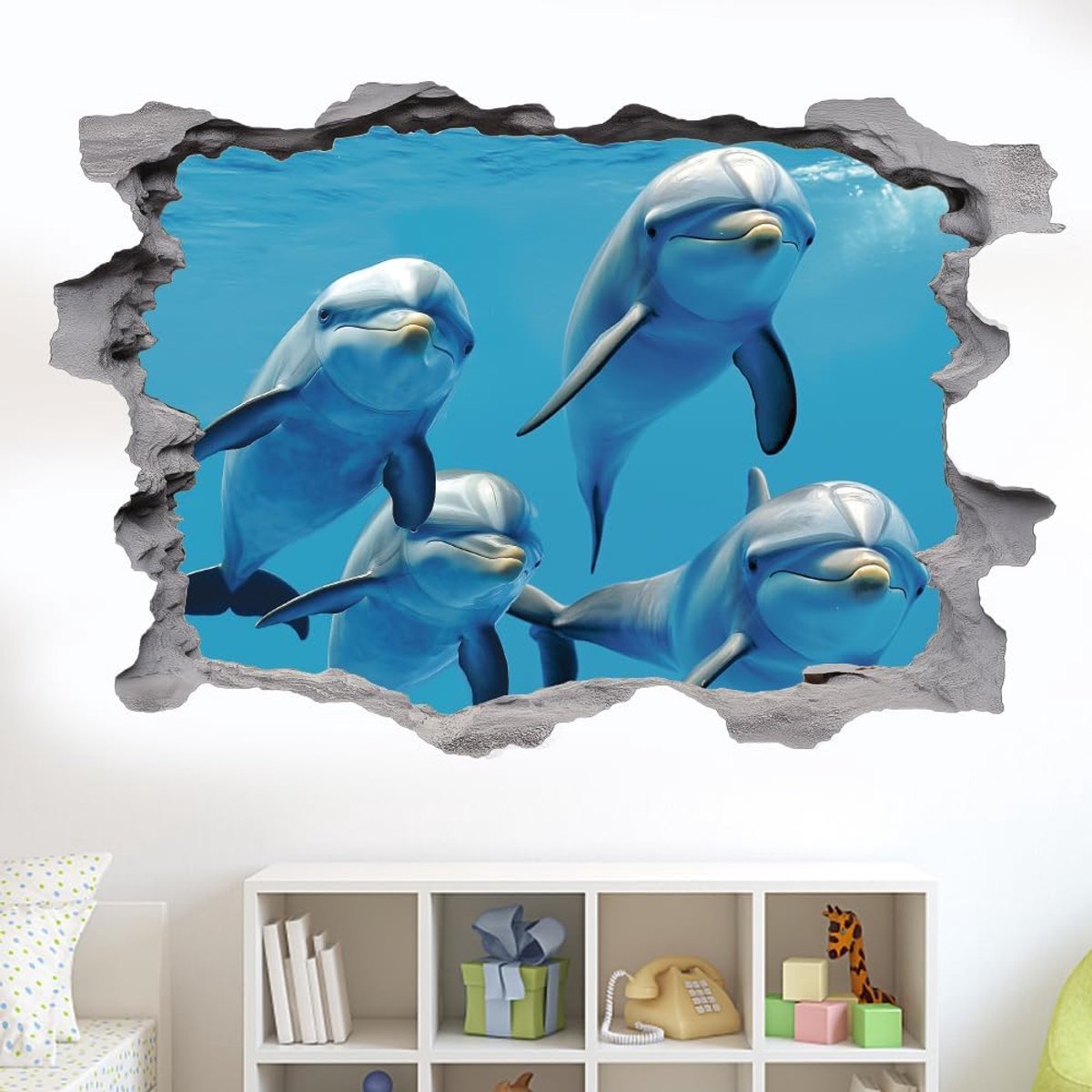 3D Muursticker onder de zee, 3D dolfijnen muurdecoratie, breken de muren, afpellen en opplakken, vinyl kunstdecoratie dolfijnen muurschilderingen voor thuis, woonkamer, slaapkamer