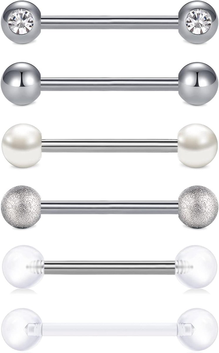 Tongpiercing, 16 mm, 14 g, roestvrij staal, metaal, barbells, hart