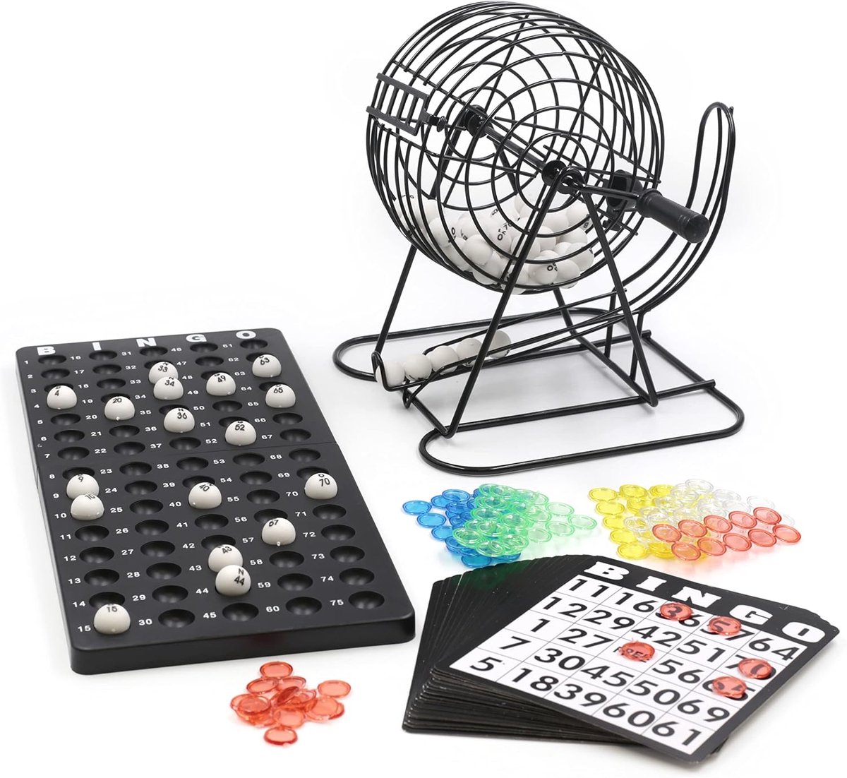 Bingospel Metalen Drum 18 Bingokaarten 75 Bingoballen 150 Chips Spelbord Zwart Volwassenen Kinderen Basic (2026)