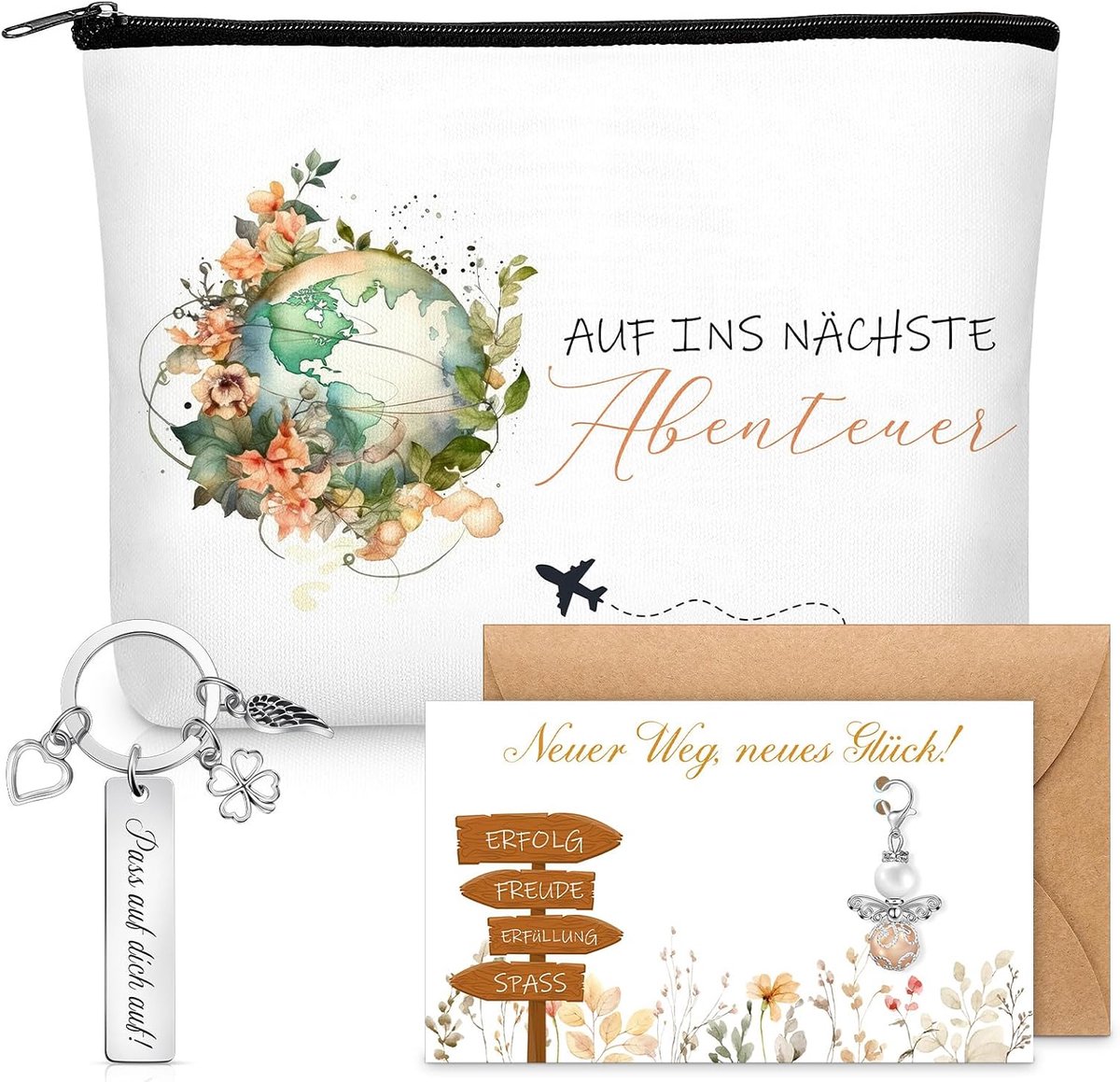 Geschenksets voor scholen met make-uptas, inspirerende engelhanger, wenskaart en envelop, cadeau voor afscheid, pensioen, verandering van baan