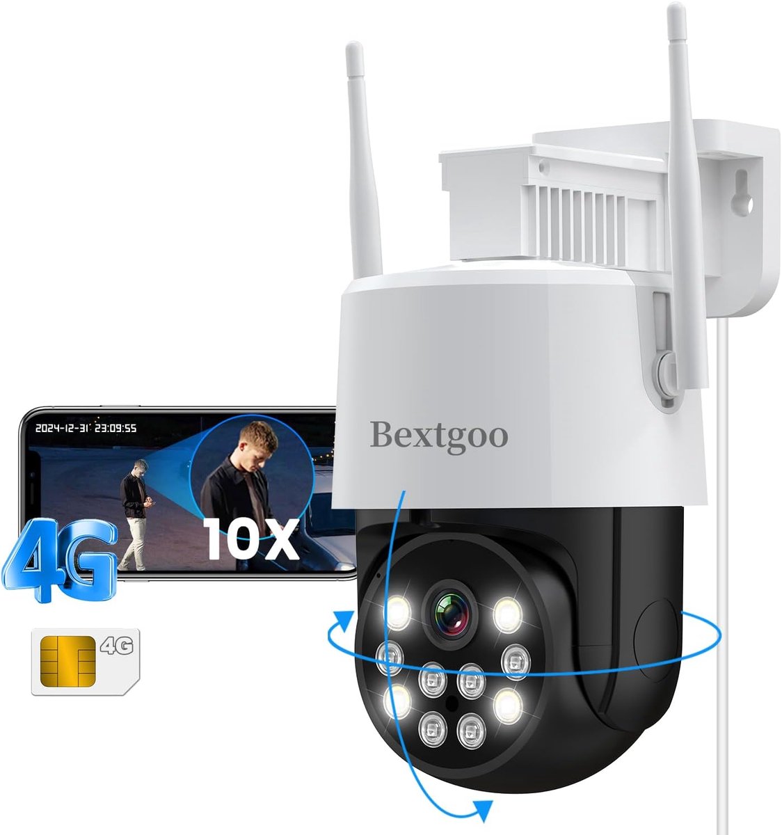SnelShoppen - Bextgoo 4G LTE Bewakingscamera Buiten met Simkaart, 24/7 Beveiliging Zonder Wifi, 360° Automatische Tracking, 4MP Kleurennachtzicht, AI