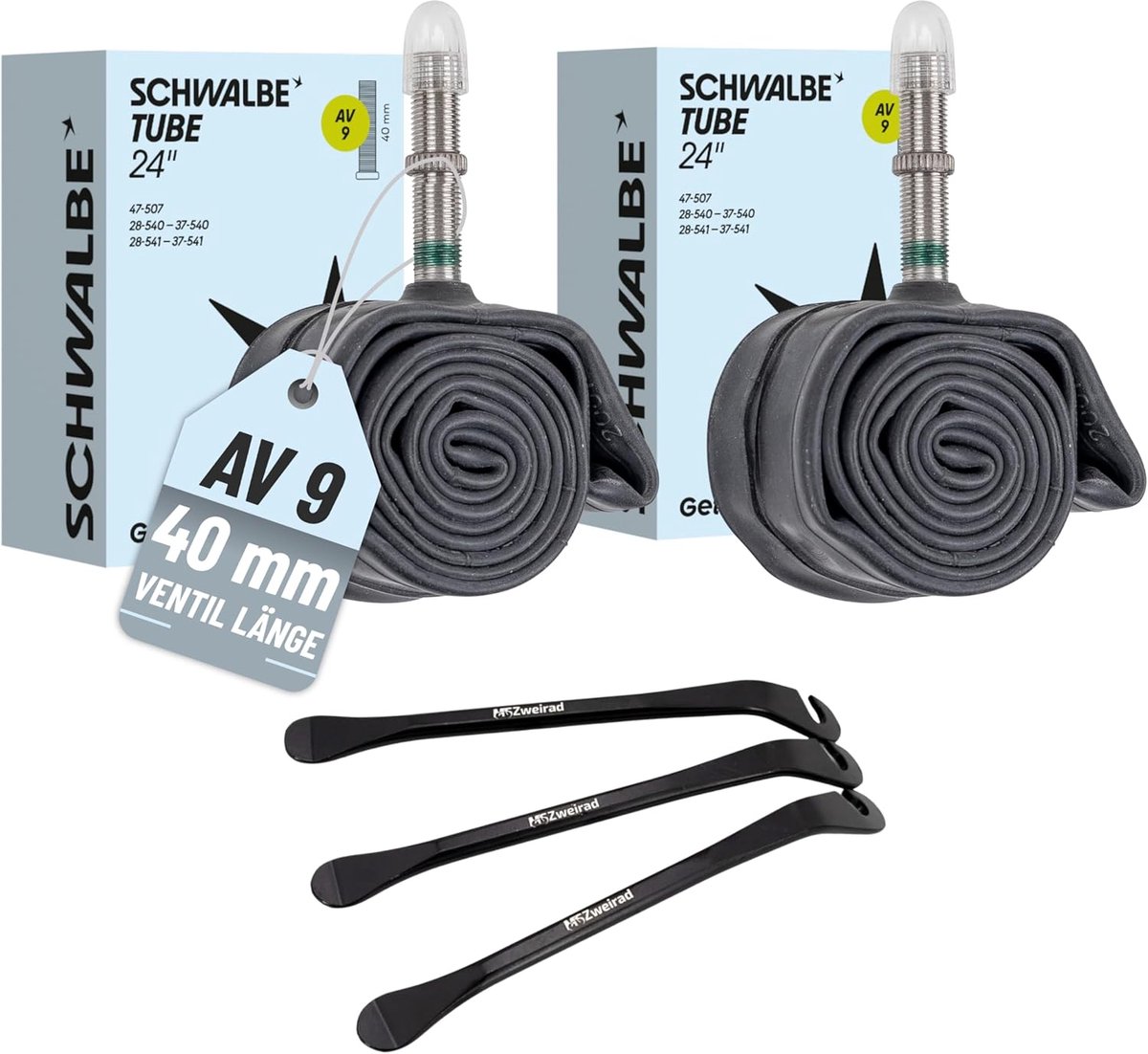 Fietsbinnenbanden Set - Banden Reparatie - Fiets Onderhoud - Inclusief Bandenlichters - 24 Inch AV 40mm - Zwart
