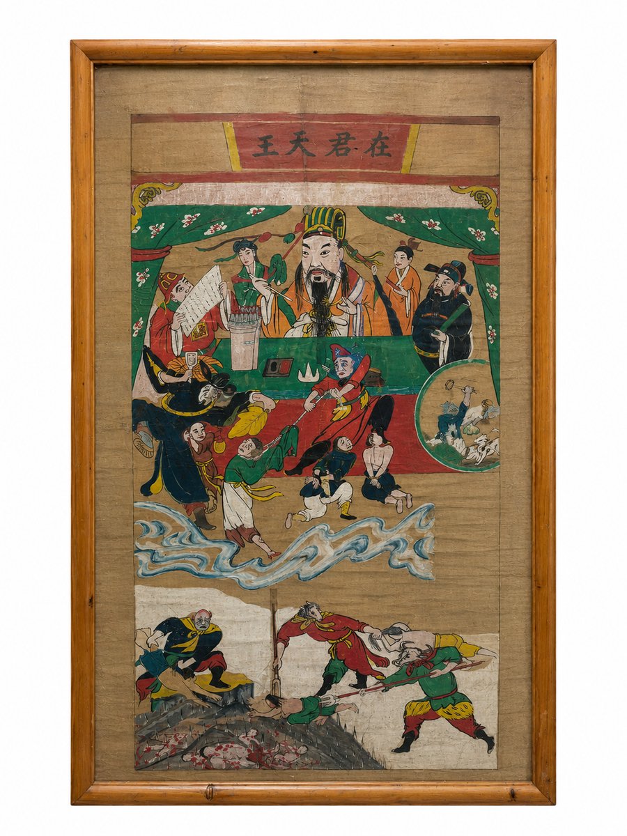 Fine Asianliving Antiek Chinese Painting in Frame Wang Lingguan The Supreme Guardian Deity of Taoism W72xH117cm