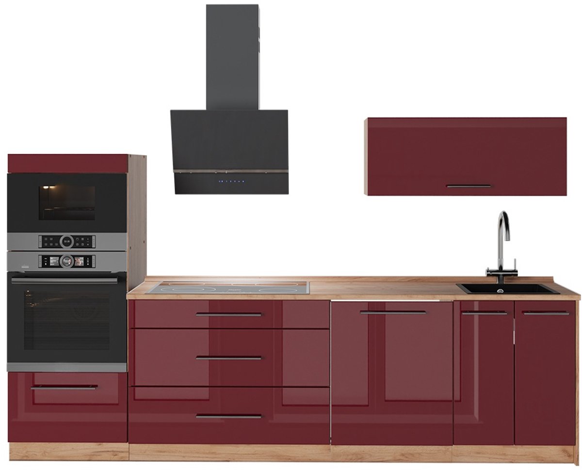 Vicco Complete keukeneenheid Fame-Line, Bordeauxrode hoogglans/Goudkleurig Eiken, 280 cm, WB Eik