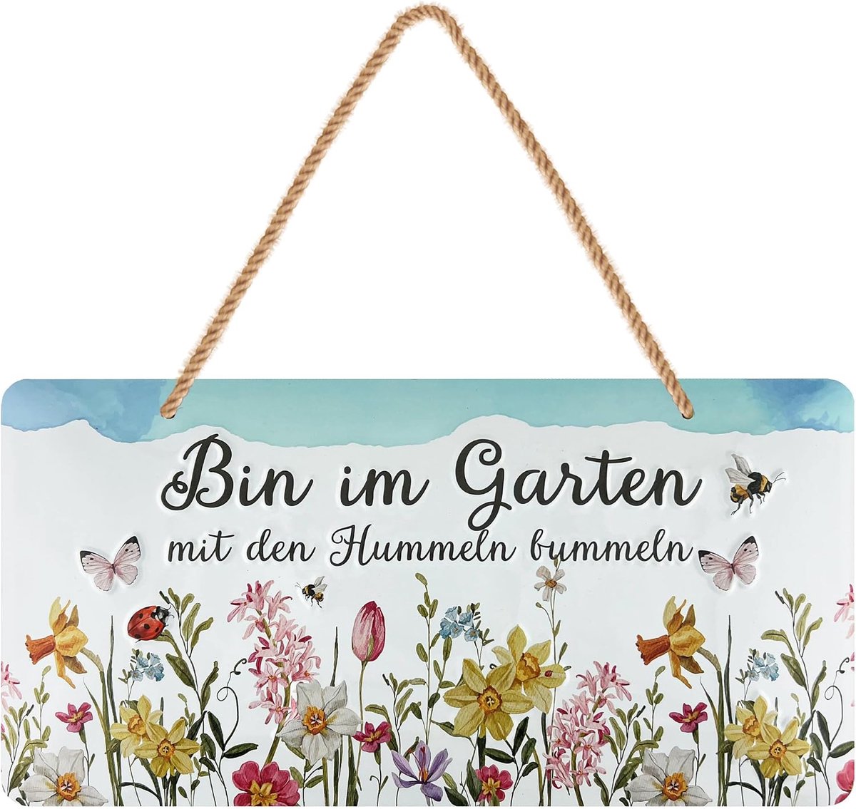 Retro metalen bord, tuinbord met spreuk bin im Garten mit den hommeln, decoratief bord, tuin, weerbestendig, vintage metalen bord met jutelkoord, 16 x 32 cm
