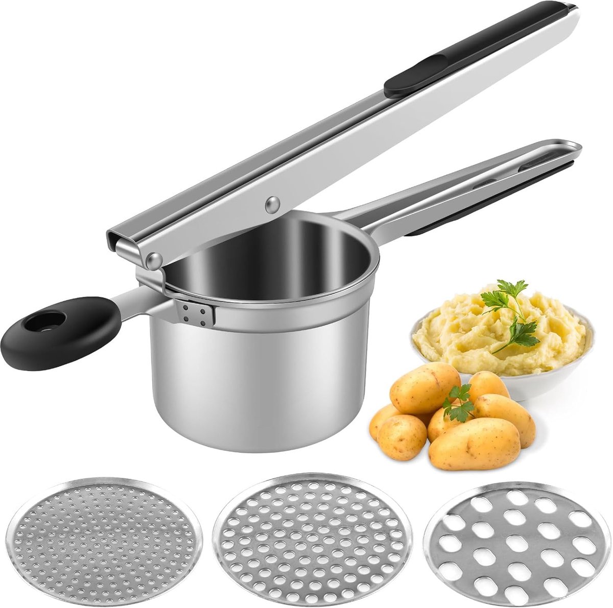 roestvrij staal, spätzlepers met 3 gaten, multifunctionele spaghetti-ijspers, aardappelstamper voor aardappelpuree, groentepuree, noedels