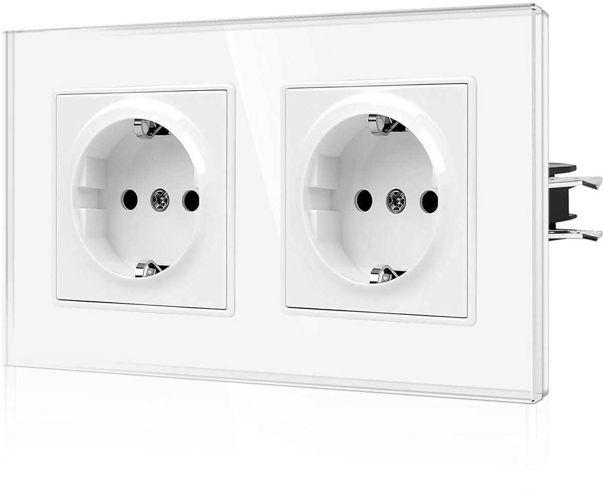 Schuko dubbel stopcontact met klauwen - Tweevoudig wandstopcontact met glazen scherm - 16Amp EU-standaard inbouwstopcontact met kinderbeveiliging - 2-voudig wit