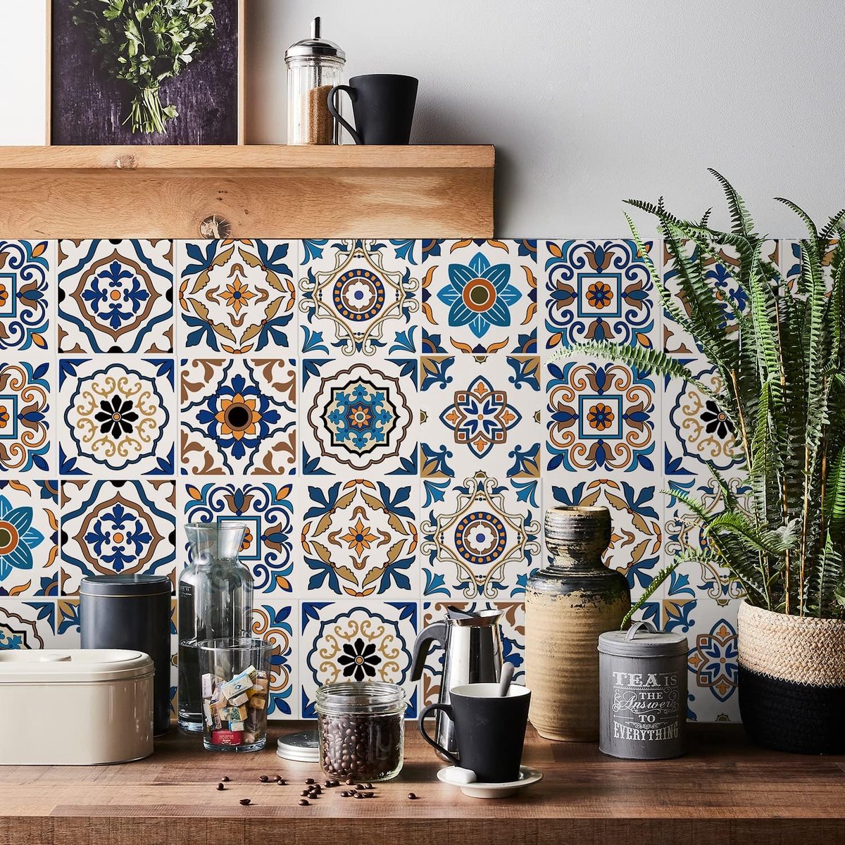Tegelstickers voor keuken 20 stuks badkamer tegelstickers zelfklevende wandtegels stok op muur waterdichte oliebestendige vintage mozaïekkunst (15 cm x 15 cm, 6 x 6 inch) voor trap blauw oranje land
