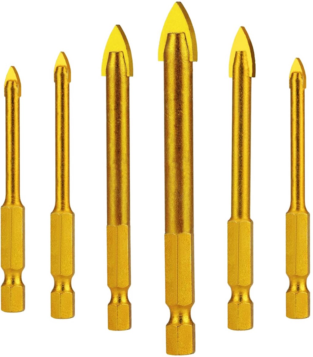 glas SIMIKE boorpunten voor het doorboren van glas, keramiek en tegels. Van wolfraamstaal met zeskantige schacht, titanium coating, set met 6 delen 3 mm 4 mm 5 mm 6 mm 8 mm 10 mm