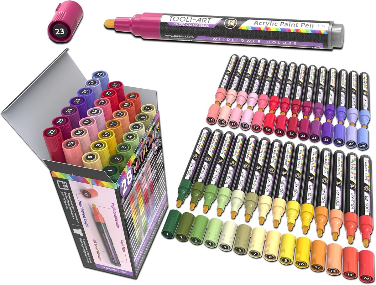 SnelShoppen - 28 Kleuren Acryllak Stiften Set voor Creatieve Projecten - 3mm Medium Punt, Waterbasis, Sneldrogend, Niet-toxisch, Ideaal voor Hout, Gla