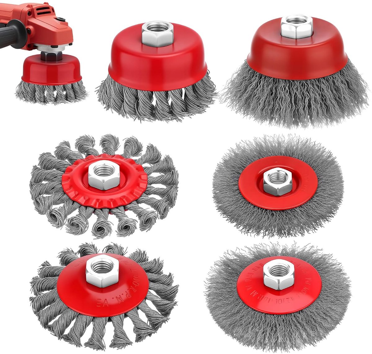 Set van 6 Draadborstels voor Metaal, M14×2 Draadborstels voor Reiniging, Polijsten en Roestverwijdering (Cup Type 75mm, Rond 100mm)