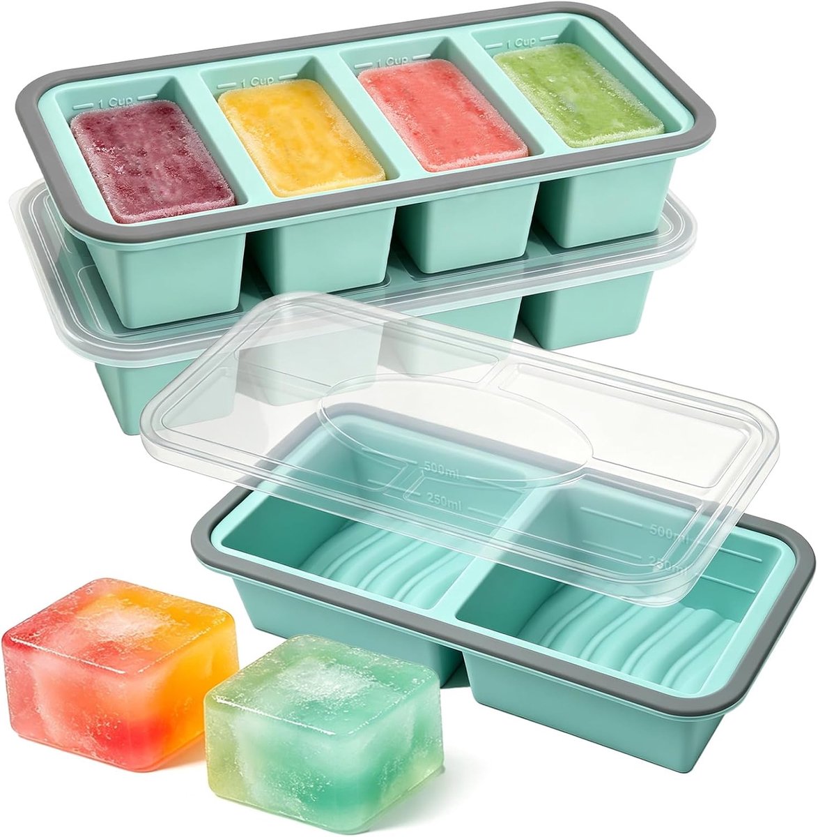 3 stuks ijsblokjesvormen van siliconen met deksel, BPA-vrije ijsblokjesvorm, siliconen, groot, voor het bewaren van 125 ml/250 ml/500 ml bouillon, babypap, invriezen container voor levensmiddelen
