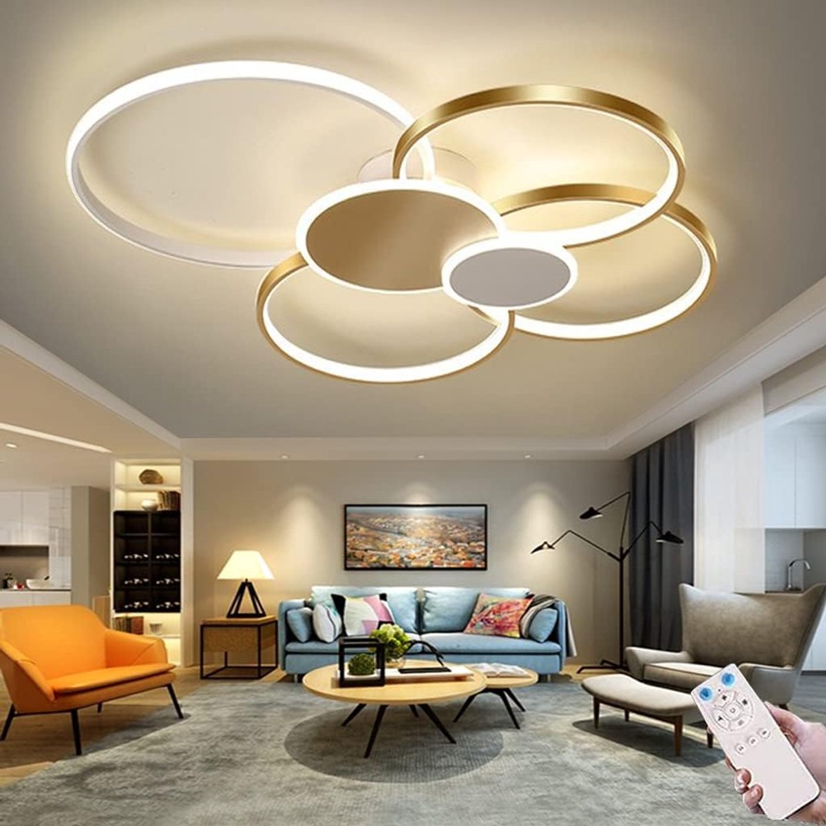 Plafondlampen LED Woonkamer Plafondlamp Met Afstandsbediening Plafond Licht Creatieve Ronde Ring Design Metalen Plafondverlichting Voor Slaapkamer Eetkamer Kantoor Hanglampen (Gold