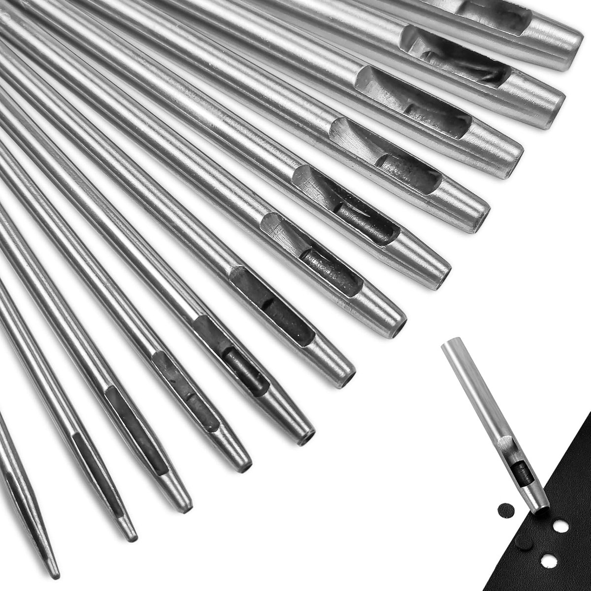12-delige stansgereedschapsset, gatenijzerset voor leer, horlogebandje, spanriem, schoen, stof, canvas kleding, oogje, rond, 0,5 - 6 mm (roestvrij staal)