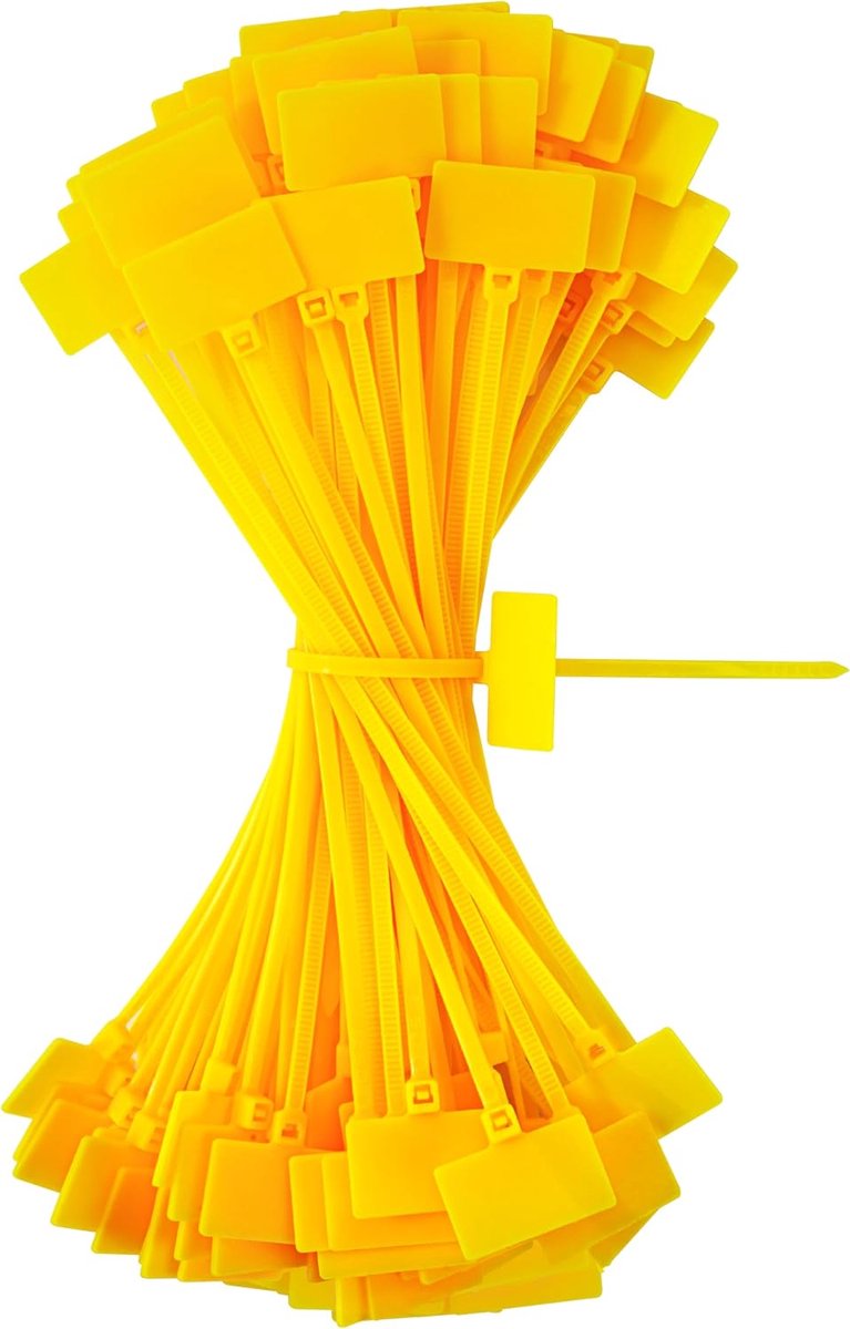 Kabelbinders tags geel, 150 mm x 3 mm, kabelopschrift, kabelbinders, set, treksterkte 10 kg, verstelbaar, uv-bestendig, voor kabelbeheer, tuinieren, 100 stuks