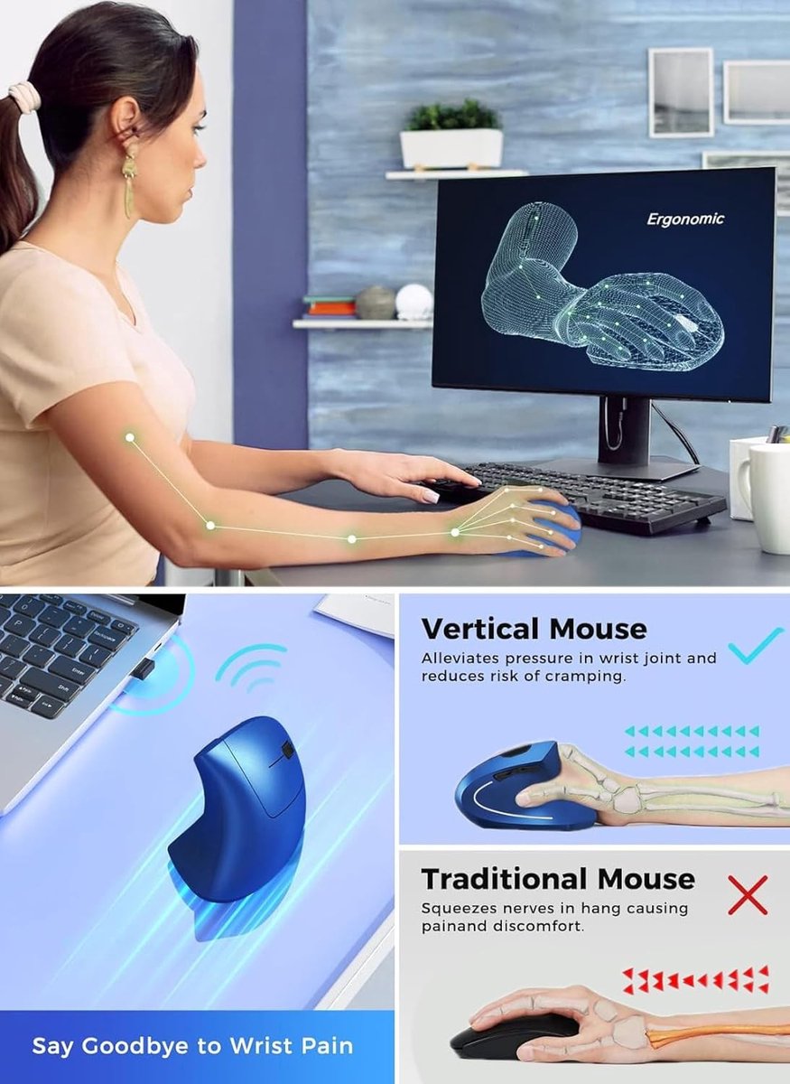 Ergonomische Verticale Muis - Kunststof Blauw - Oplaadbaar - Optische Sensor - 2.4G Draadloos