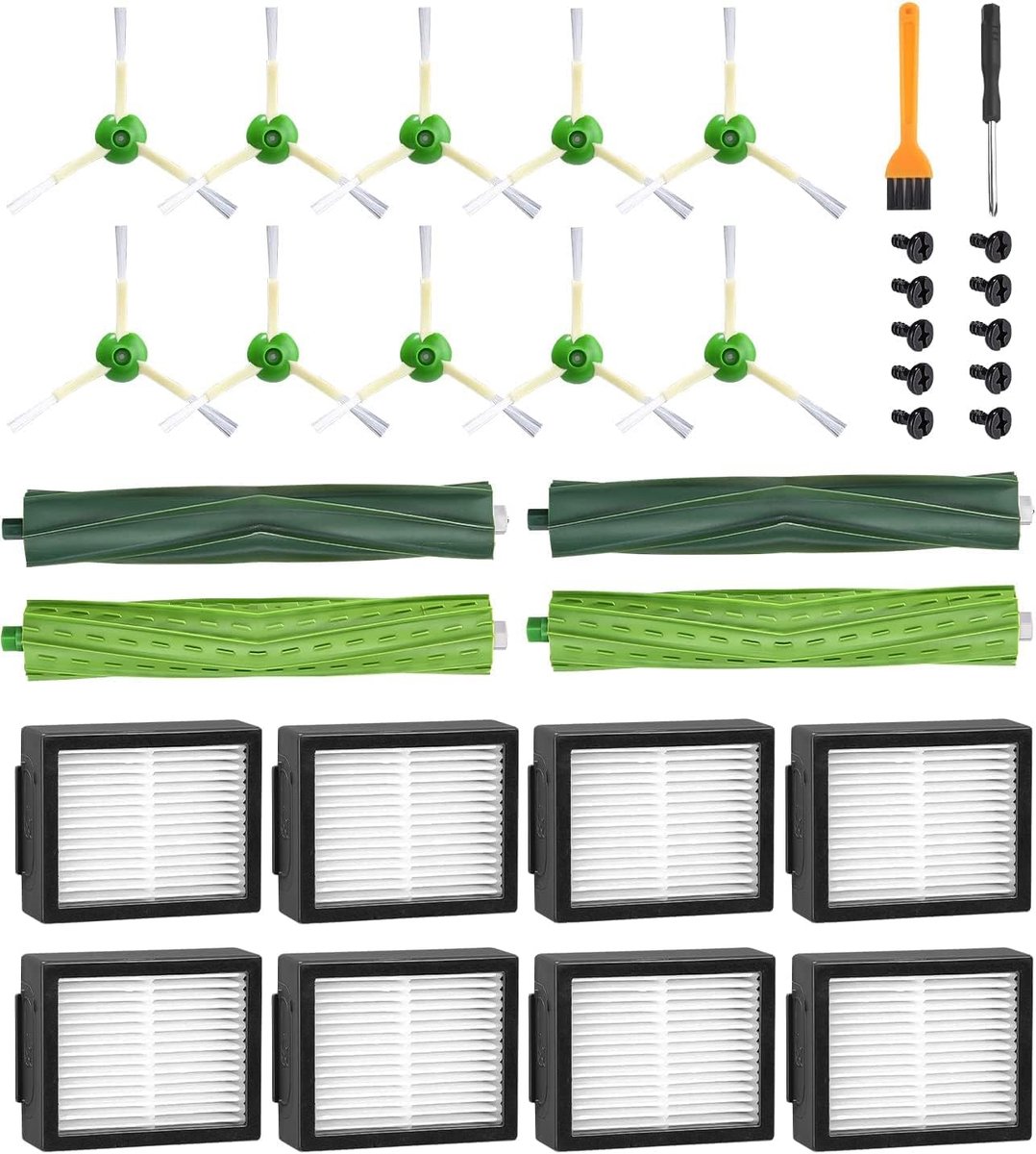 Reserveonderdelen voor Roomba E & I Serie E5 E6 i7 i7+ i3 i3+ i4 i4+ i6 i6+ j7 j7+ robotstofzuiger, accessoires, compatibel met Roomba, 2 set rubberen borstels, 8 filters, 10 zijborstels