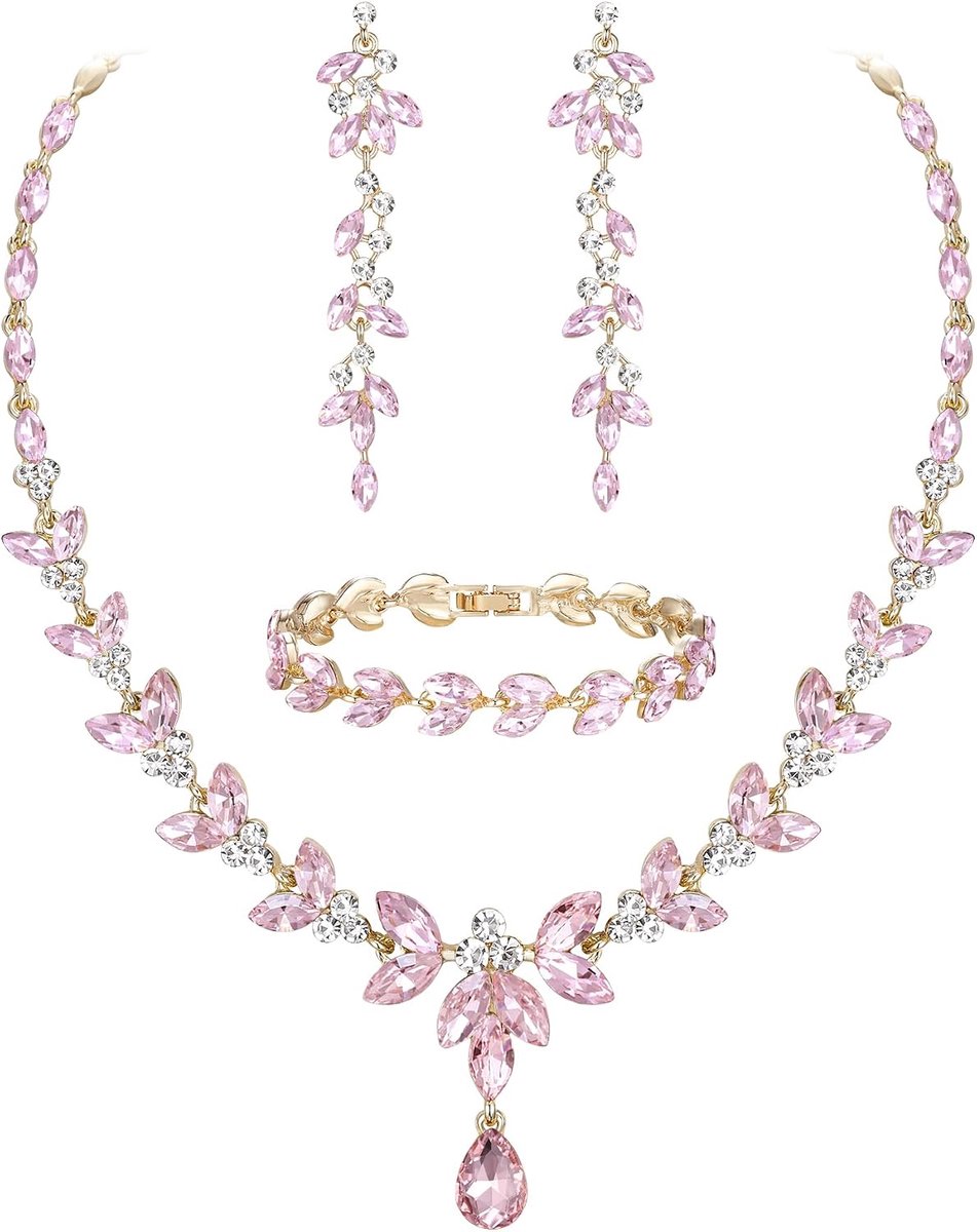 FAITH Sieradenset Oostenrijks kristal bruid sieradenset, elegante marquise strass blad halsketting met bungelende oorbellen tennisarmband set