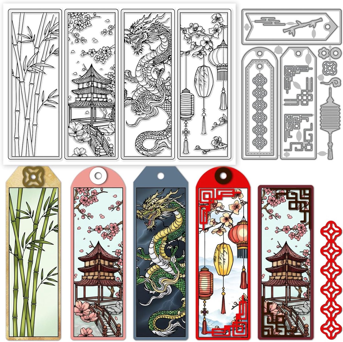 Chinese Bladwijzers Clear Stempels en Metalen Die Cuts Dragon Cherry Blossom Lantaarn Transparante Stempel Lantaarn Frame Snijden Matrijzen voor Kaarten Maken Embossing Scrapbooking