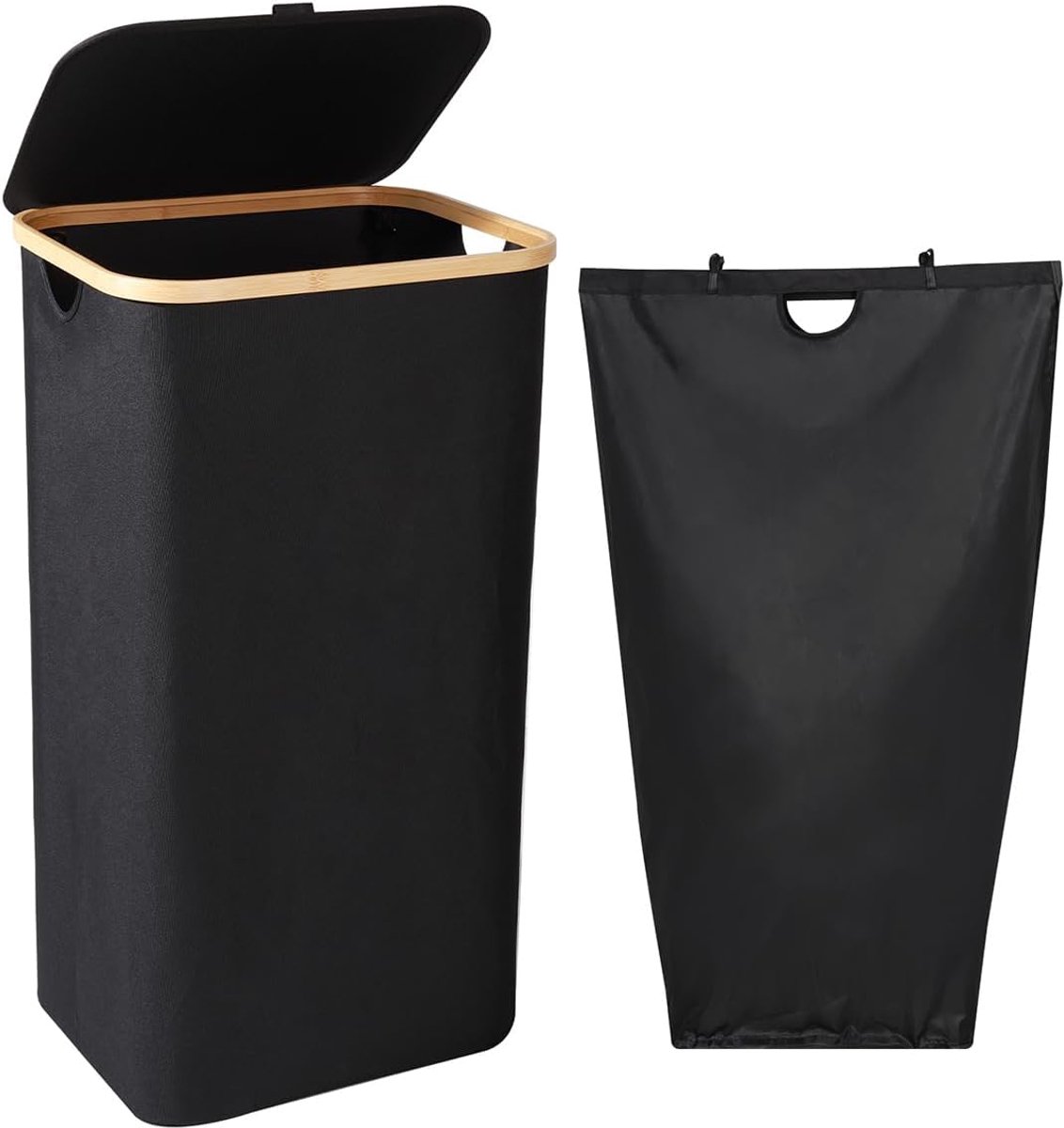 Wasmand met deksel, 100 liter, wasmand, zwart, met afneembare waszak, opvouwbare vuil-wasbak, wasbox voor kleding, dekens, lakens, speelgoed